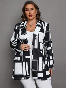 SHEIN Clasi Plus Geo Print Lapel Neck Blazer - Black and White - View 4