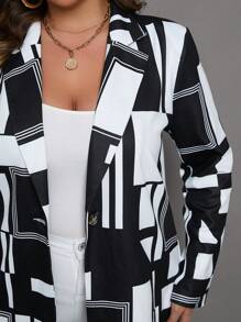 SHEIN Clasi Plus Geo Print Lapel Neck Blazer - Black and White - View 5