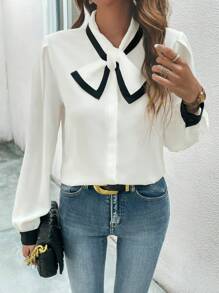 SHEIN Privé 撞色滾邊繫帶領燈籠袖襯衫 - 白色 - 查看 1