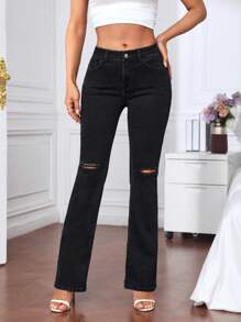 SHEIN Privé Ripped Flare Leg Jeans - Black - View 7