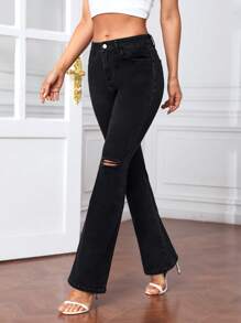 SHEIN Privé Ripped Flare Leg Jeans - Black - View 6