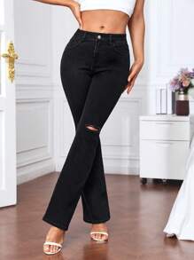 SHEIN Privé Ripped Flare Leg Jeans - Black - View 4