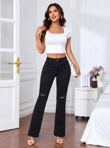 SHEIN Privé Ripped Flare Leg Jeans - Black - View 8
