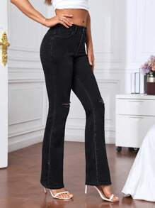 SHEIN Privé Ripped Flare Leg Jeans - Black - View 1