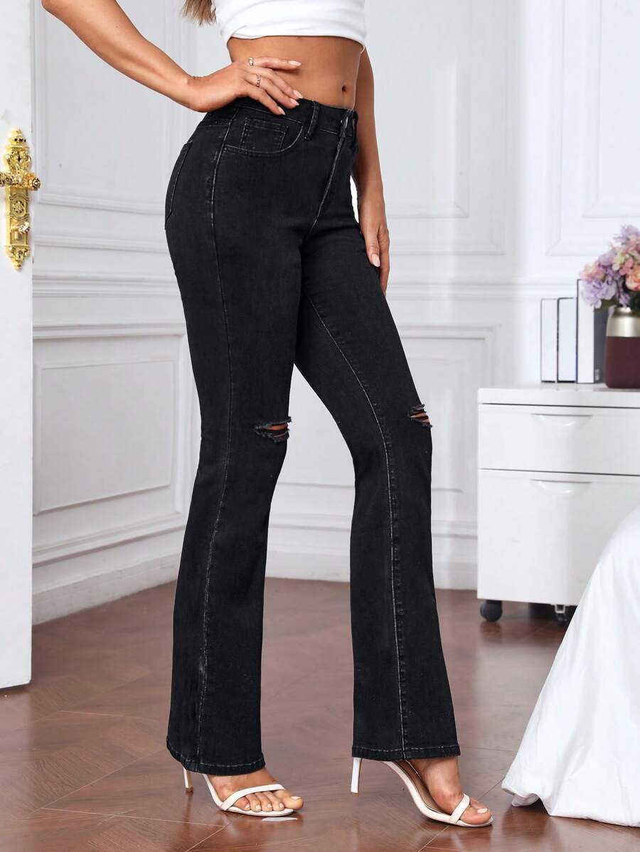 SHEIN Privé Ripped Flare Leg Jeans - Black - View 1