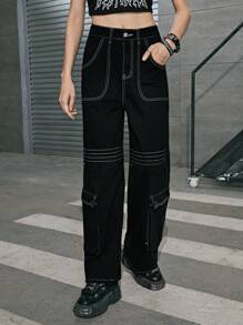 ROMWE Grunge Punk Top-stitching Flap Pocket Cargo Jeans - Black - View 1