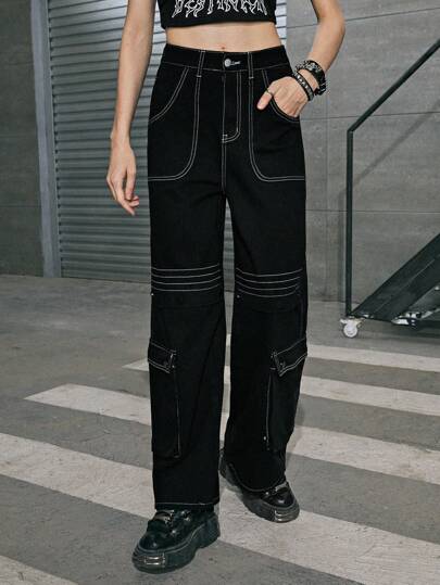 Grunge Punk Top-stitching Flap Pocket Cargo Jeans