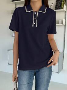 DAZY Camiseta ribete en contraste de cuello polo - Azul Marino - Ver 3