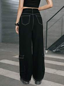 ROMWE Grunge Punk Top-stitching Flap Pocket Cargo Jeans - Black - View 5