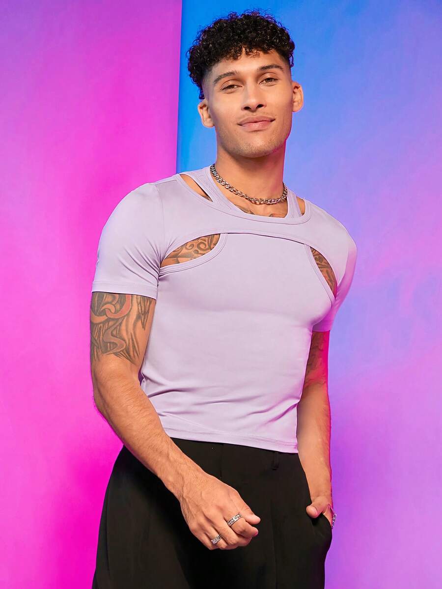 FeverCity Men Cut Out Knot Detail Crop Tee - Lilac Purple - View 1