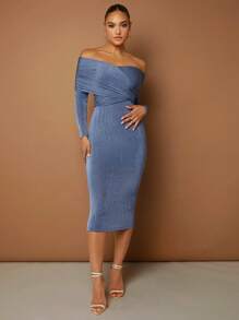 SHEIN BAE Vestido ajustado de hombros descubiertos cruzado - Neblina azul - Ver 1