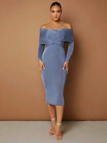 SHEIN BAE Vestido ajustado de hombros descubiertos cruzado - Neblina azul - Ver 8