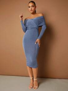 SHEIN BAE Vestido ajustado de hombros descubiertos cruzado - Neblina azul - Ver 5