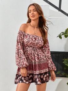 SHEIN VCAY Floral Print Off Shoulder Lantern Sleeve Lace Up Waist Dress - Multicolor - View 1