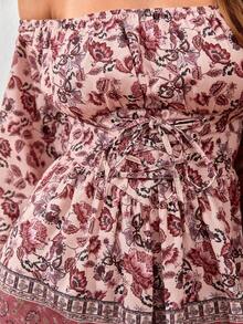SHEIN VCAY Floral Print Off Shoulder Lantern Sleeve Lace Up Waist Dress - Multicolor - View 3