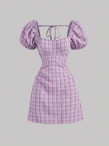SHEIN MOD Plaid Print Tie Backless Puff Sleeve Dress - Lilac Purple - View 1