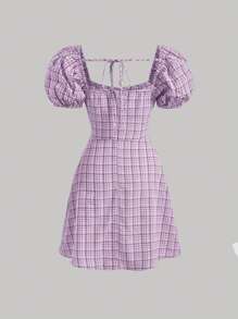 SHEIN MOD Plaid Print Tie Backless Puff Sleeve Dress - Lilac Purple - View 2