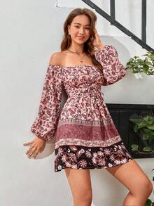 SHEIN VCAY Floral Print Off Shoulder Lantern Sleeve Lace Up Waist Dress - Multicolor - View 6