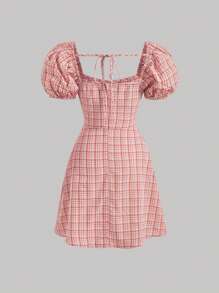 SHEIN MOD 格紋印花後背繫帶泡泡袖洋裝 - 彩色 - 查看 2