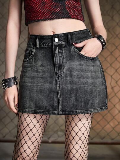 Grunge Punk Falda en mezclilla con bordado de letra con diamante de imitación