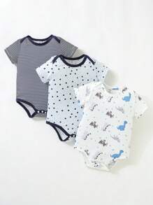 男嬰3入組卡通和條紋印花撞色滾邊連體衣 - 彩色 - 查看 1