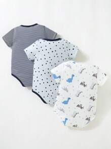 男嬰3入組卡通和條紋印花撞色滾邊連體衣 - 彩色 - 查看 2