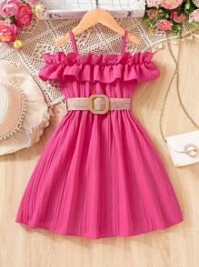 SHEIN Young Girl Cold Shoulder Ruffle Trim Dress With Belt - Hot Pink - View 1