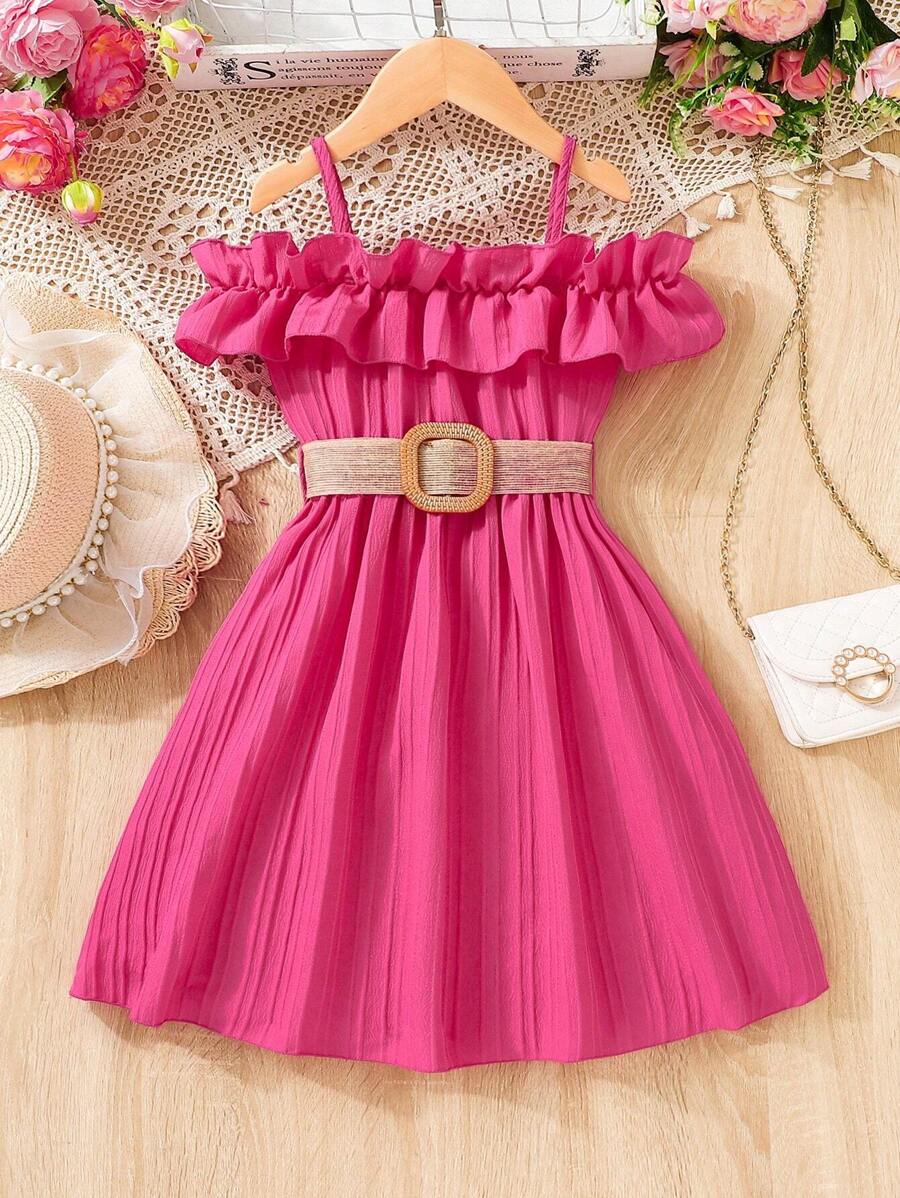 SHEIN Young Girl Cold Shoulder Ruffle Trim Dress With Belt - Hot Pink - View 1