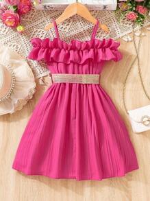 SHEIN Young Girl Cold Shoulder Ruffle Trim Dress With Belt - Hot Pink - View 2