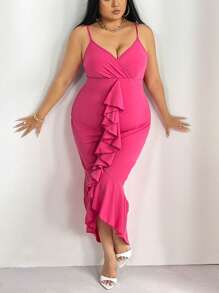 SHEIN SXY 休閒揉皺 交叉純色加大連衣裙 - 玫紅色 - 查看 5