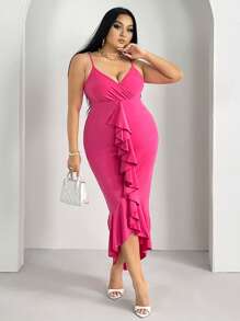 SHEIN SXY 休閒揉皺 交叉純色加大連衣裙 - 玫紅色 - 查看 3