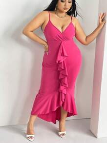 SHEIN SXY 休閒揉皺 交叉純色加大連衣裙 - 玫紅色 - 查看 6