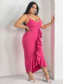 SHEIN SXY 休閒揉皺 交叉純色加大連衣裙 - 玫紅色 - 查看 4