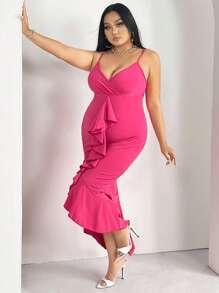 SHEIN SXY 休閒揉皺 交叉純色加大連衣裙 - 玫紅色 - 查看 1
