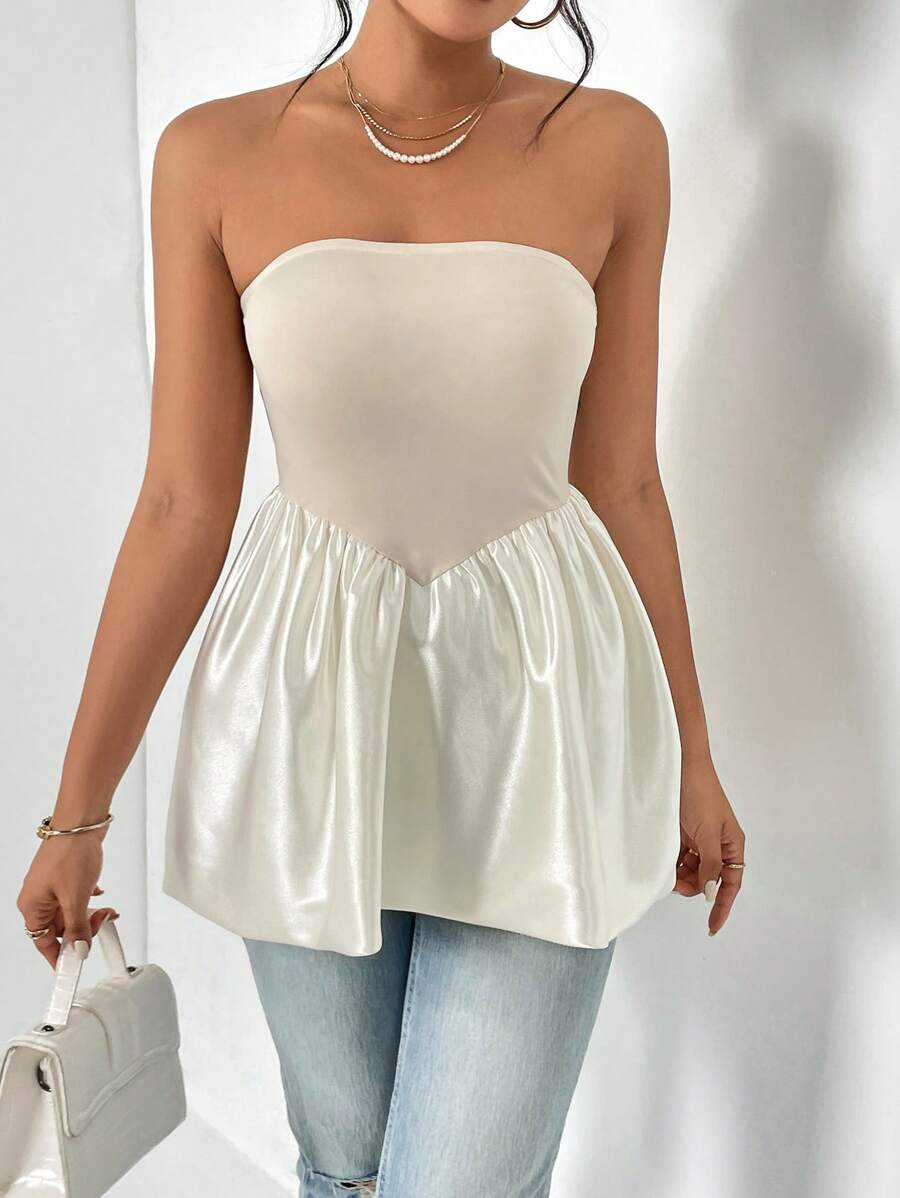 SHEIN Privé 素色荷葉邊抹胸上衣 - 米色 - 查看 1