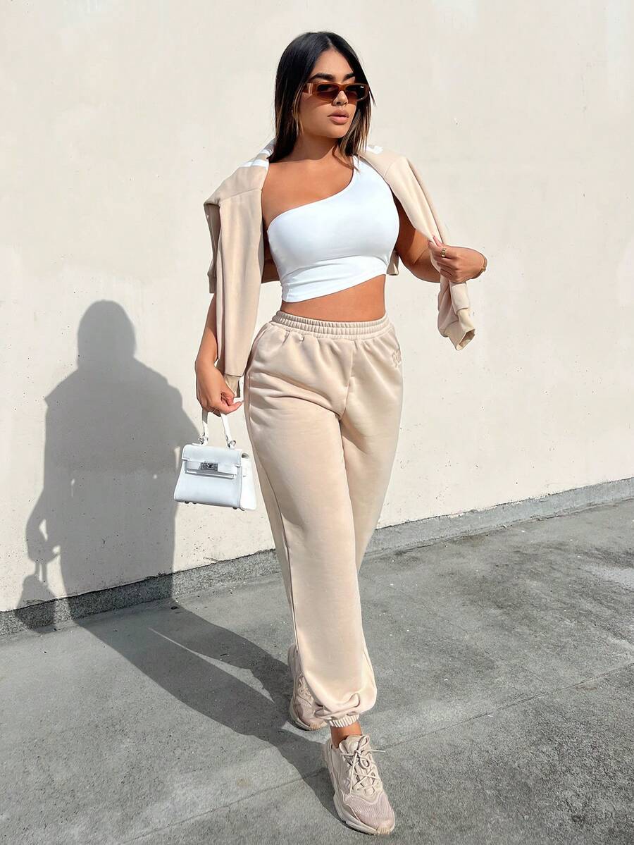 SHEIN SXY 素色彈性腰帶衛褲 - 杏色 - 查看 1