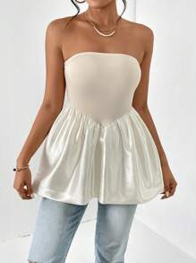 SHEIN Privé 素色荷葉邊抹胸上衣 - 米色 - 查看 3