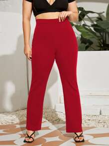 SHEIN Essnce 大碼素色高腰長褲 - 紅色 - 查看 4