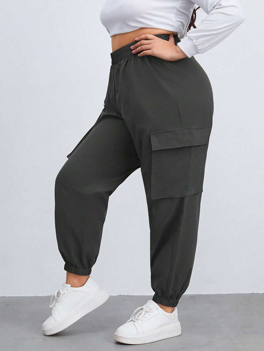 SHEIN Essnce Plus Flap Pocket Side Cargo Pants - Grey - View 1