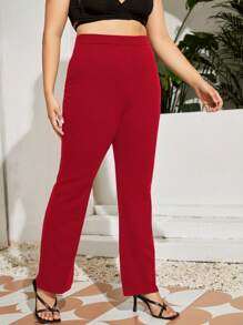 SHEIN Essnce 大碼素色高腰長褲 - 紅色 - 查看 5