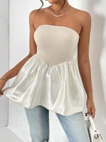 SHEIN Privé 素色荷葉邊抹胸上衣 - 米色 - 查看 6