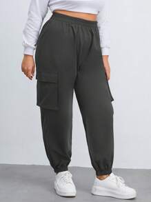 SHEIN Essnce Plus Flap Pocket Side Cargo Pants - Grey - View 4