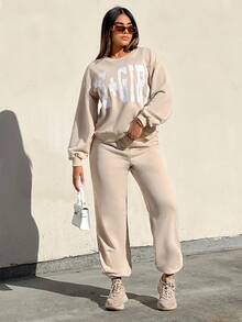 SHEIN SXY 素色彈性腰帶衛褲 - 杏色 - 查看 4