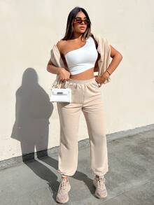 SHEIN SXY 素色彈性腰帶衛褲 - 杏色 - 查看 5