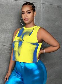 SHEIN SXY 大碼人像圖案背心上衣 - 黃色 - 查看 6