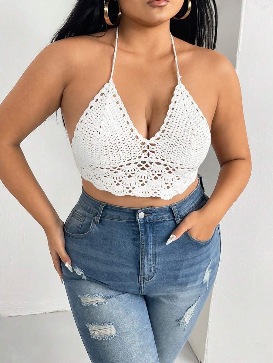 SHEIN SXY Plus Tie Backless Halter Knit Top - White - View 1