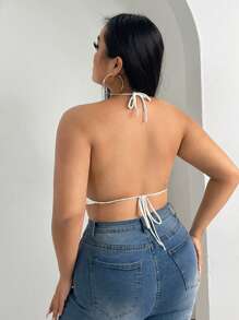 SHEIN SXY Plus Tie Backless Halter Knit Top - White - View 2