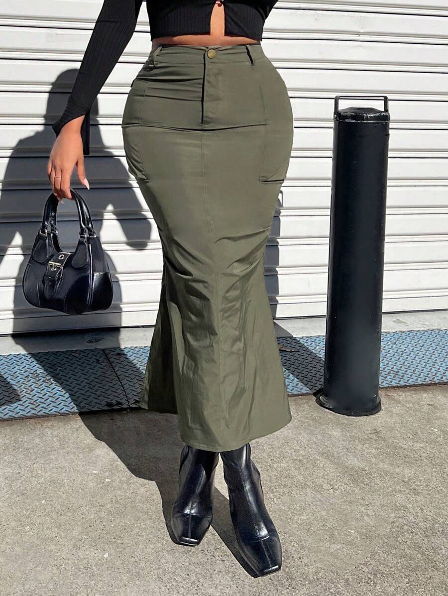 SHEIN SXY High Waist Mermaid Hem Split Back Skirt - Army Green - View 1