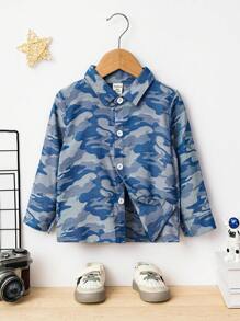 Baby Girl Camo Print Button Front Shirt - Blue - View 1