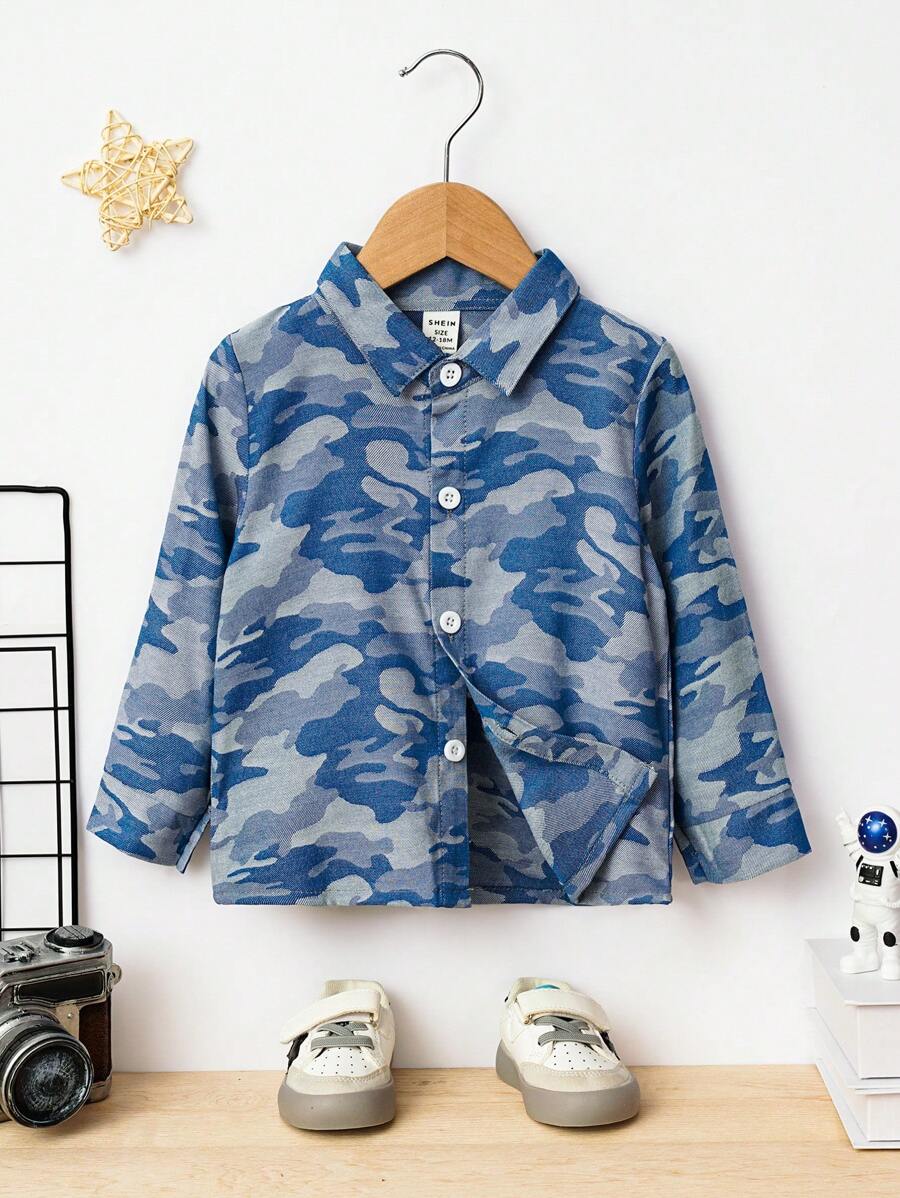Baby Girl Camo Print Button Front Shirt - Blue - View 1